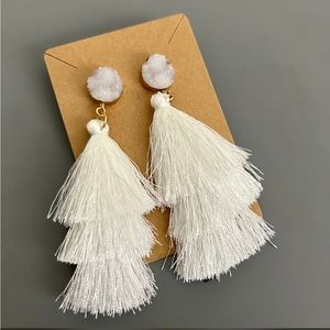 WHITE FRINGE BOHEMIAN LARGE EARRINGS WITH SPARKLY CUT STUD DETAILS NWT